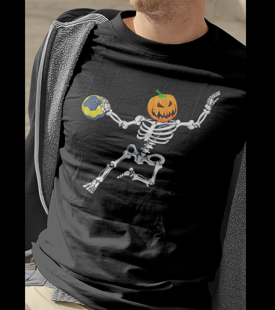 Skeleton Handball Player With Halloween Pumpkin Head T-Shirt