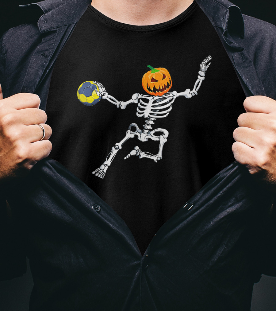 Skeleton Handball Player With Halloween Pumpkin Head T-Shirt
