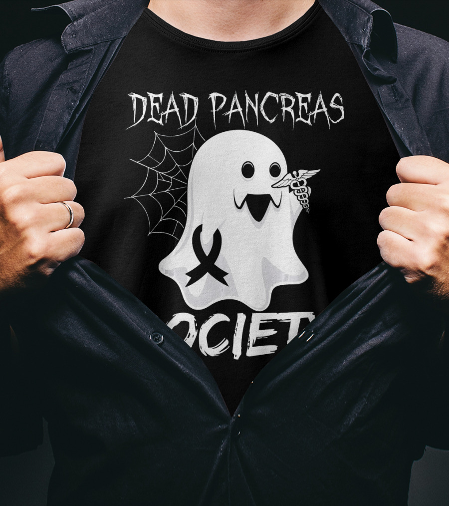 Dead Pancreas Society Ghost With Ribbon And Caduceus Diabetes Awareness T-Shirt