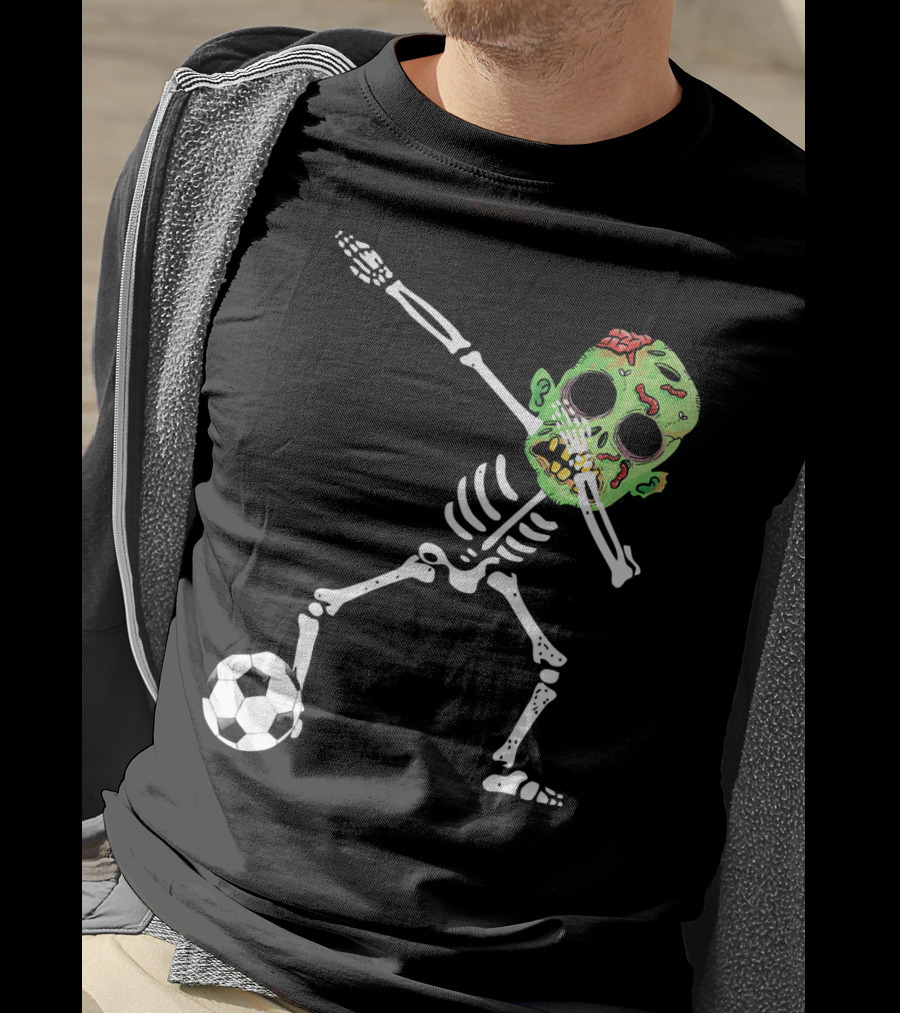 Dabbing Skeleton Soccer Zombie With Green Head T-Shirt