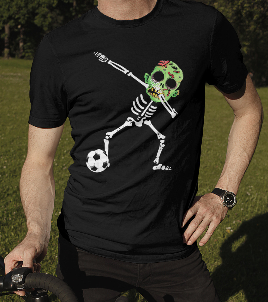 Dabbing Skeleton Soccer Zombie With Green Head T-Shirt