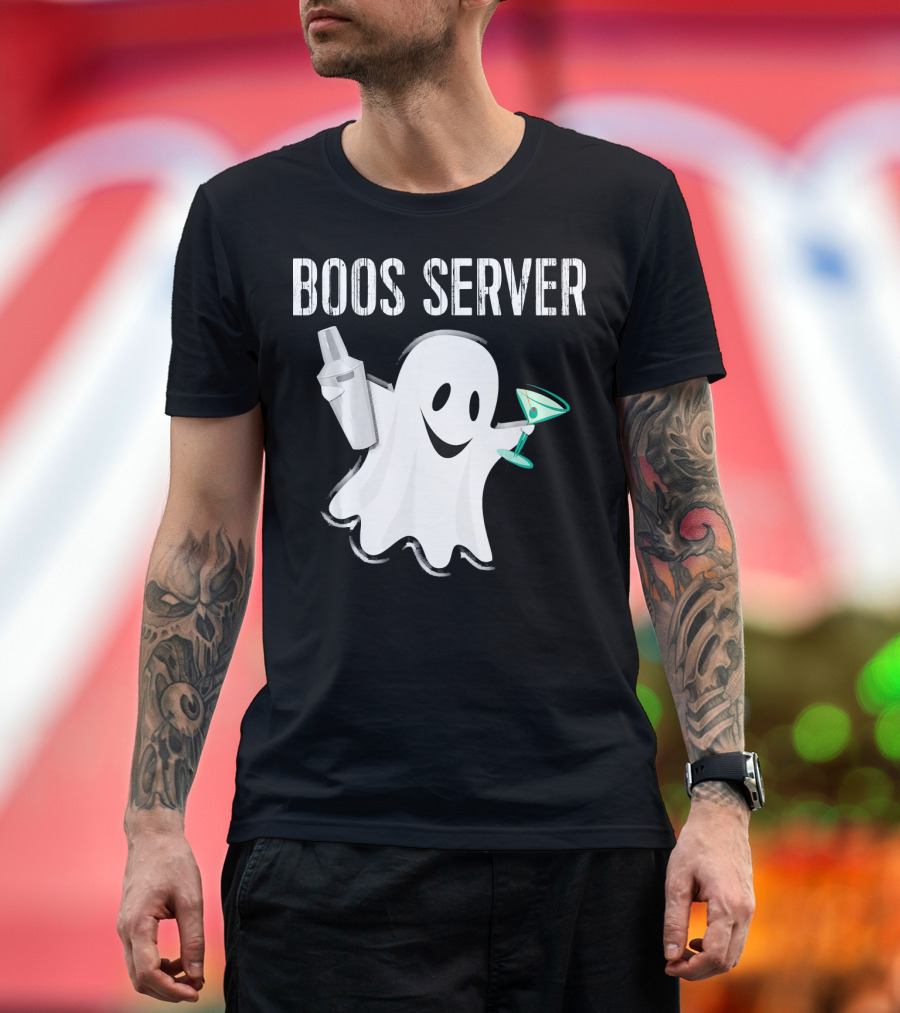 Boos Server Ghost Holding Cocktail Shaker and Martini T-Shirt