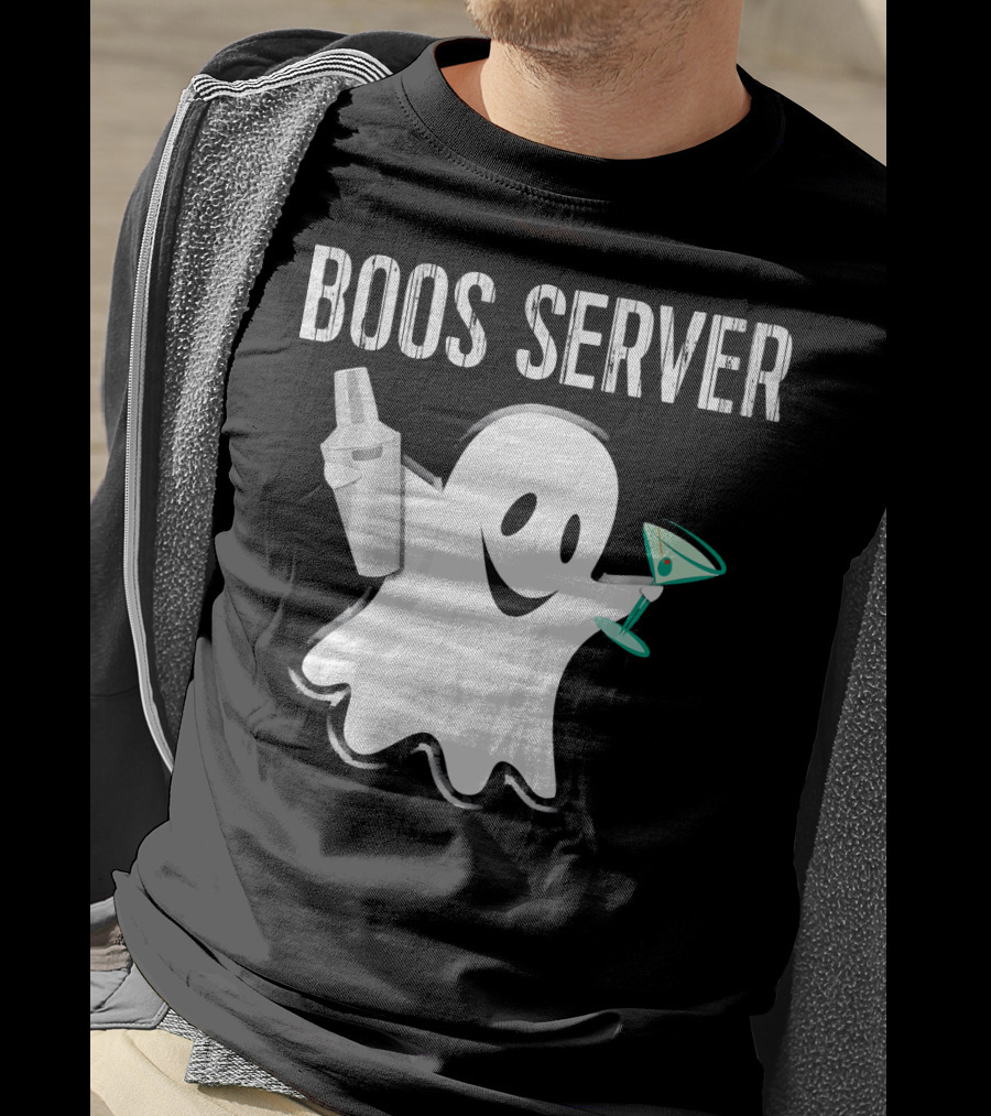 Boos Server Ghost Holding Cocktail Shaker And Martini T-Shirt