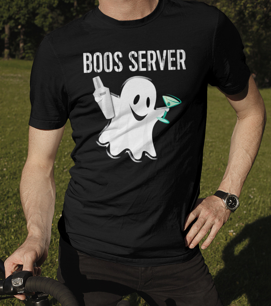 Boos Server Ghost Holding Cocktail Shaker And Martini T-Shirt
