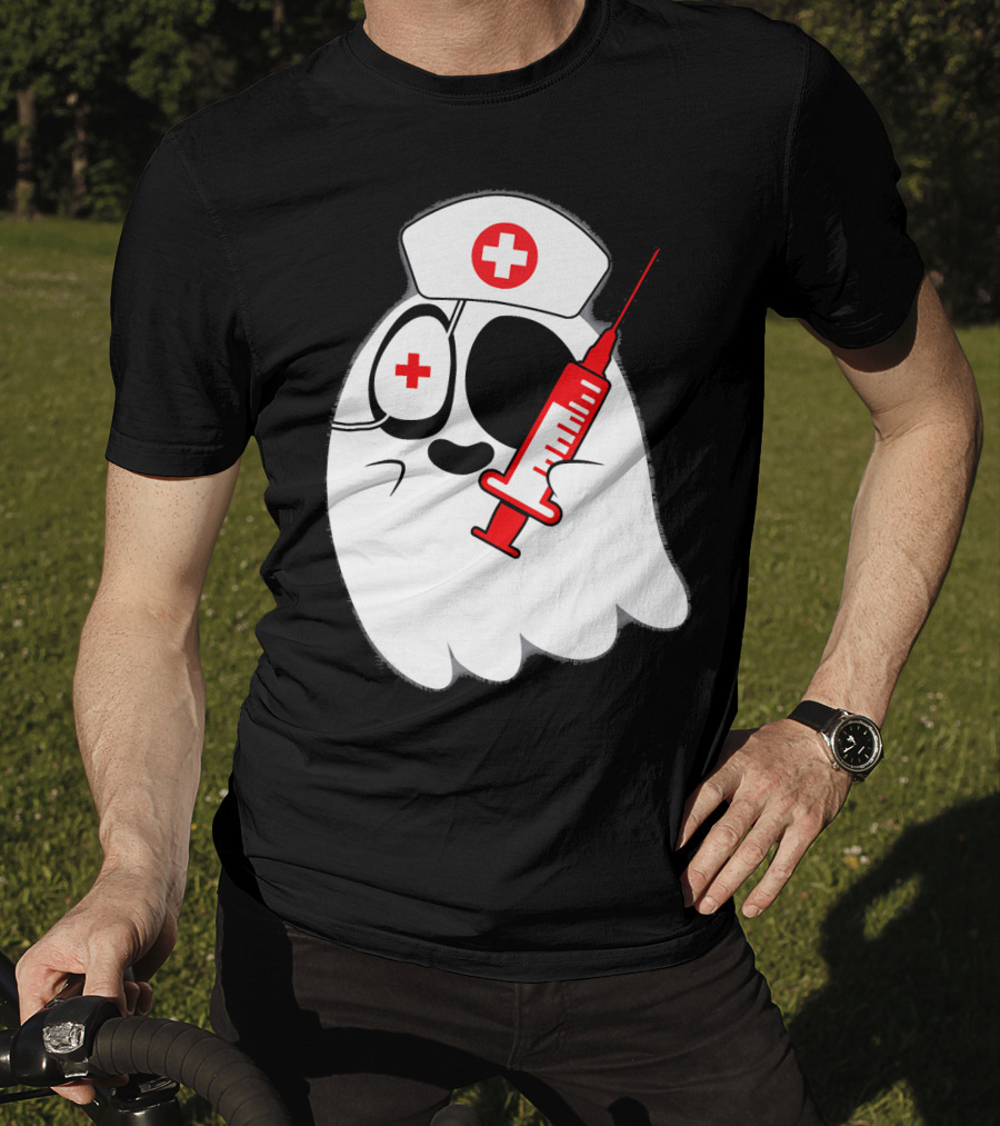 Funny Ghost Nurse Emoji With Syringe Nurse Hat T-Shirt