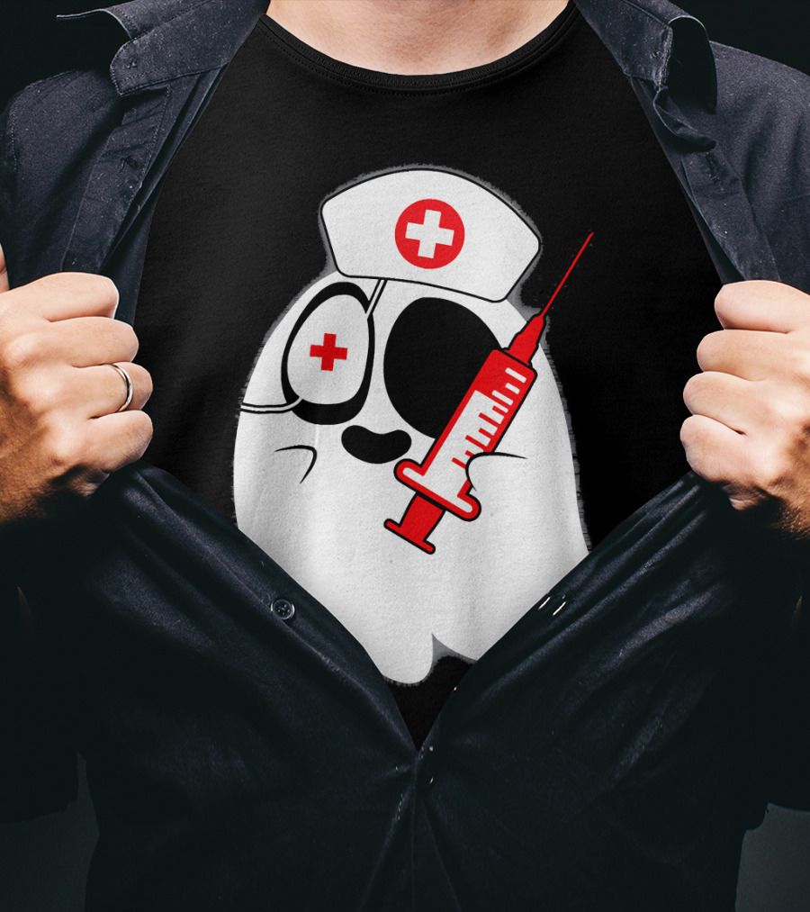 Funny Ghost Nurse Emoji With Syringe Nurse Hat T-Shirt