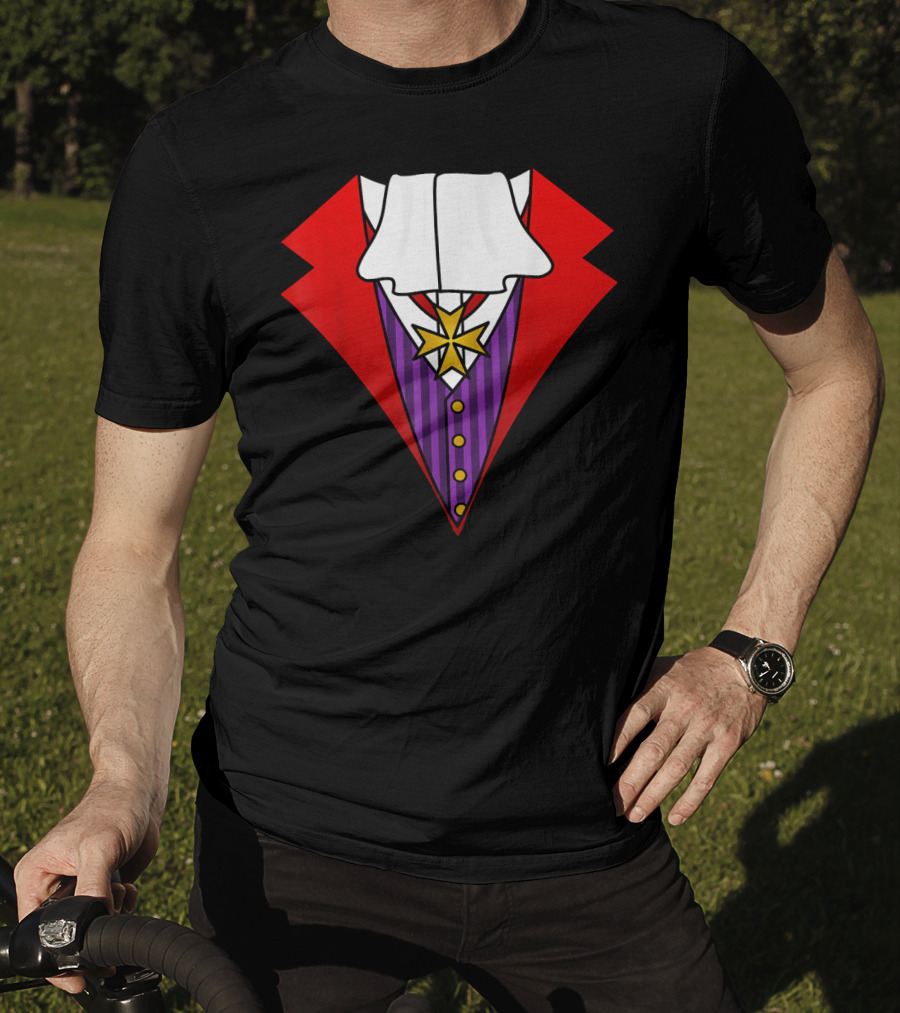 Easy Halloween Costumes Dracula Tuxedo Red Jacket Purple Vest White Cravat T-Shirt