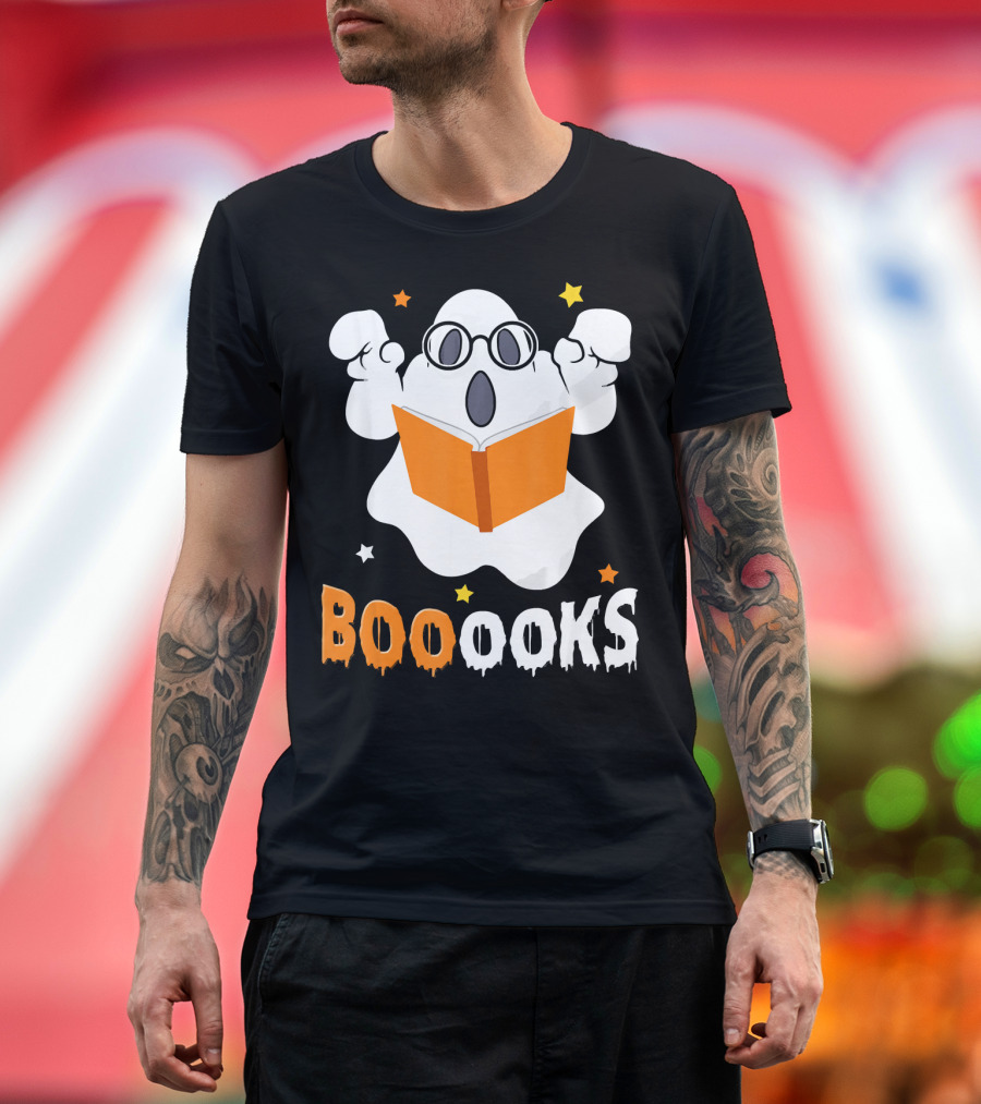 Booooks Ghost with Glasses Holding Orange Book and Stars T-Shirt