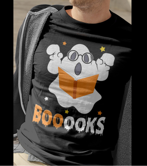 Booooks Ghost With Glasses Holding Orange Book And Stars T-Shirt