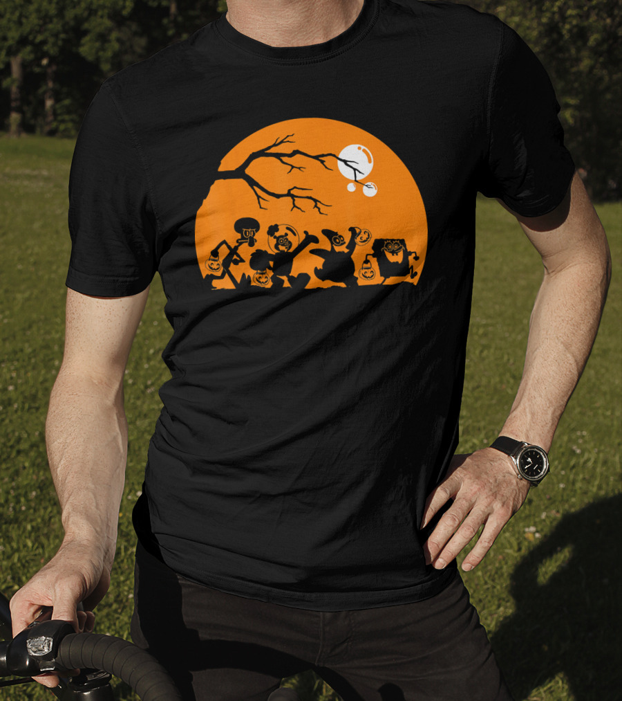 Spongebob Squarepants Halloween Group Silhouette Against Orange Moon T-Shirt