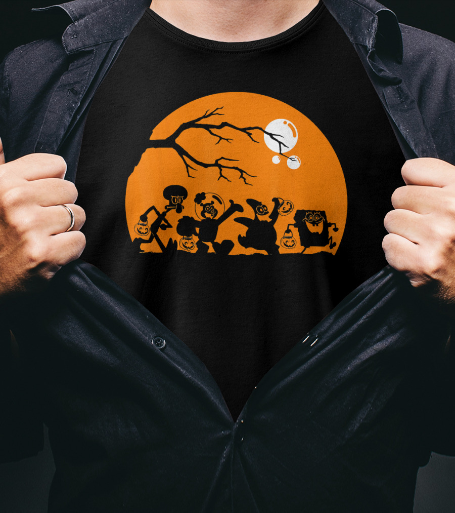 Spongebob Squarepants Halloween Group Silhouette Against Orange Moon T-Shirt