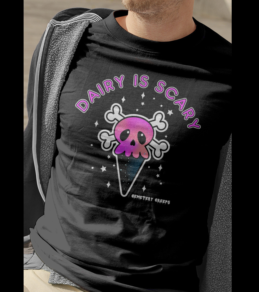 Dairy Is Scary Vegan Halloween Horror Cemetery Creeps Skullicone T-Shirt
