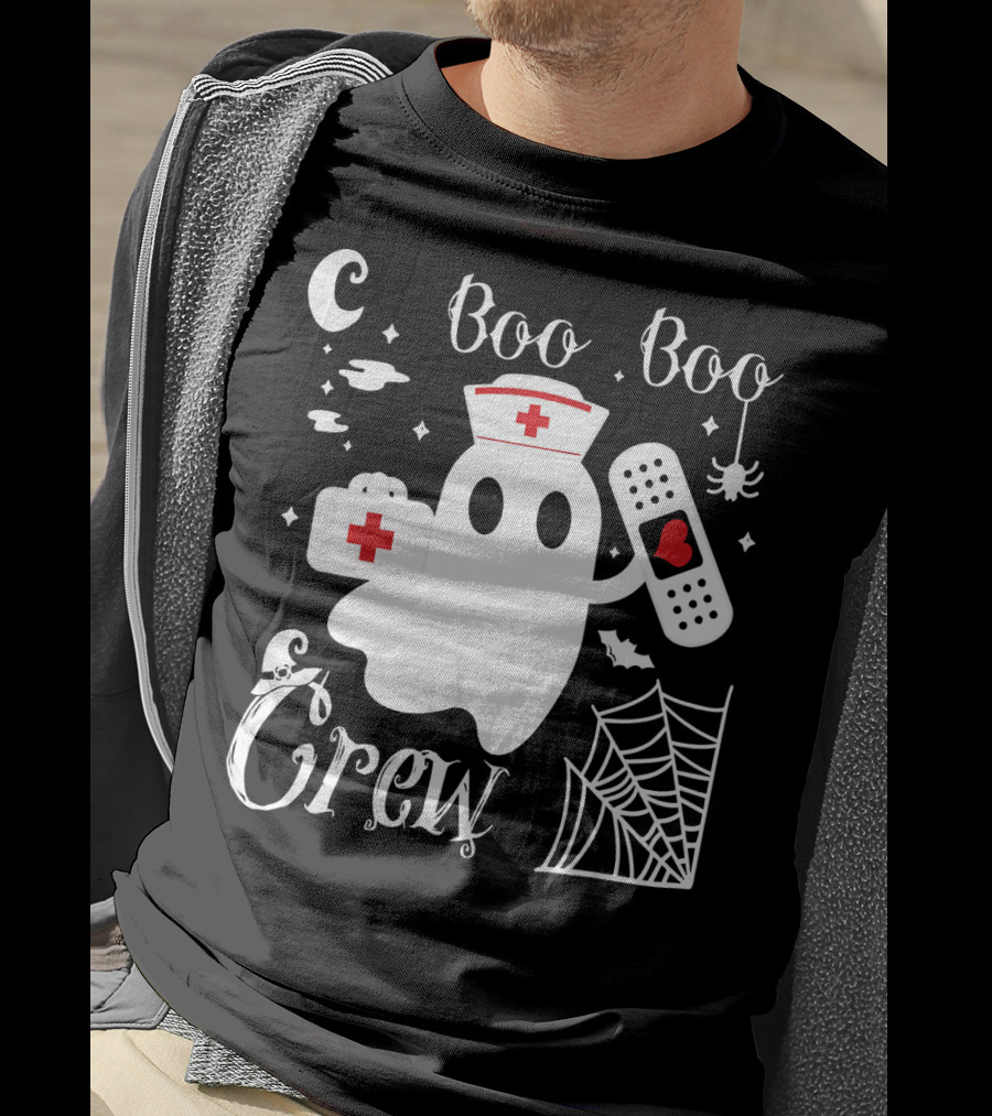 Boo Boo Crew Ghost Nurse With Bandage And Spider Web And Medical Symbols T-Shirt