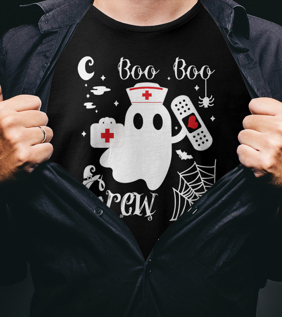Boo Boo Crew Ghost Nurse With Bandage And Spider Web And Medical Symbols T-Shirt