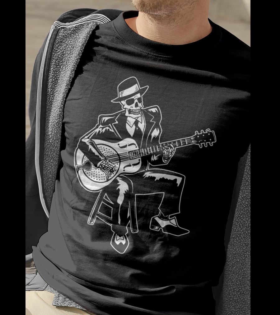 Blues Music Skeleton Playing Guitar With Fedora And Suit T-Shirt