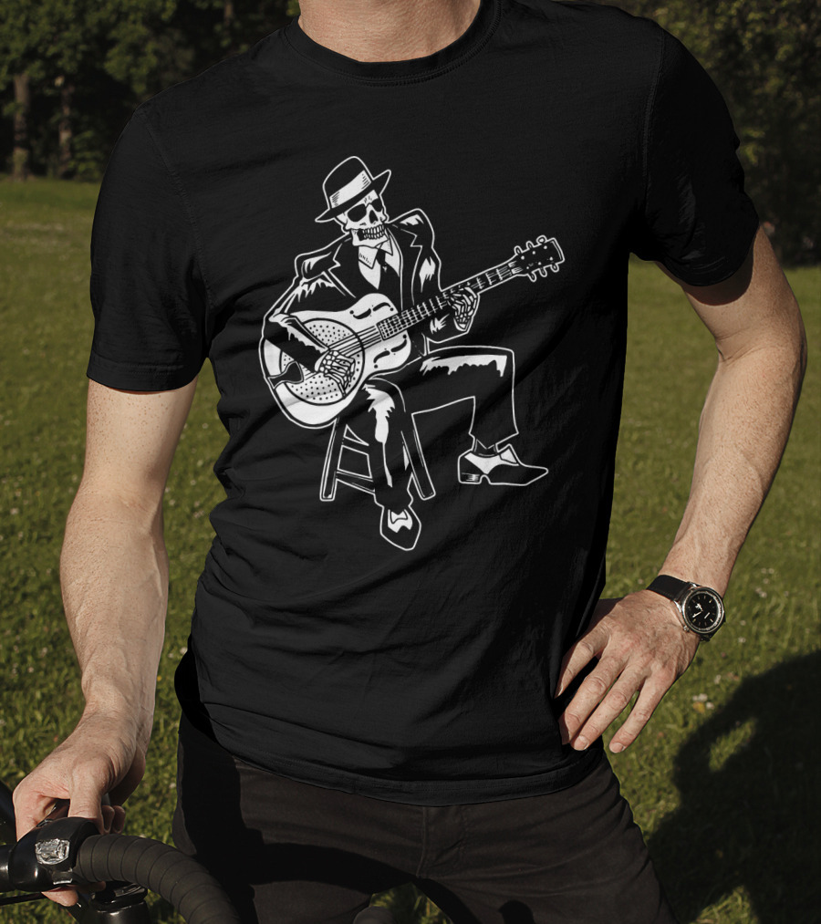 Blues Music Skeleton Playing Guitar With Fedora And Suit T-Shirt