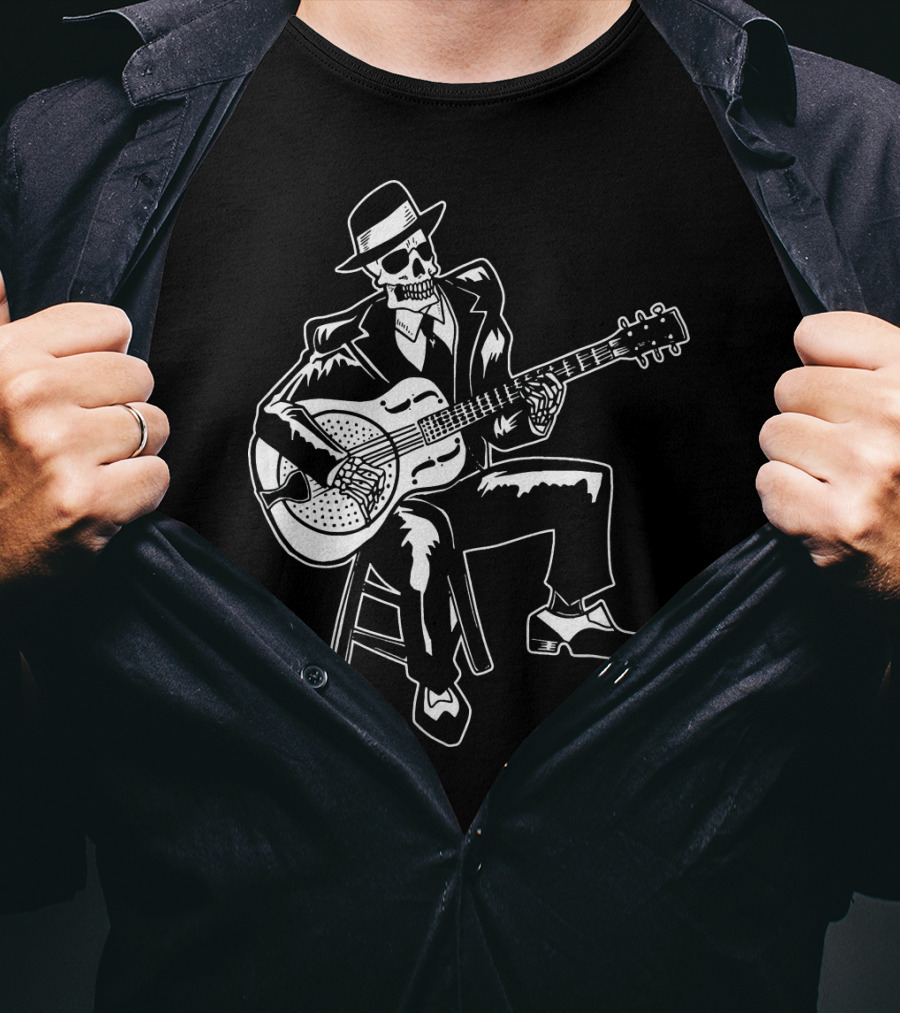 Blues Music Skeleton Playing Guitar With Fedora And Suit T-Shirt