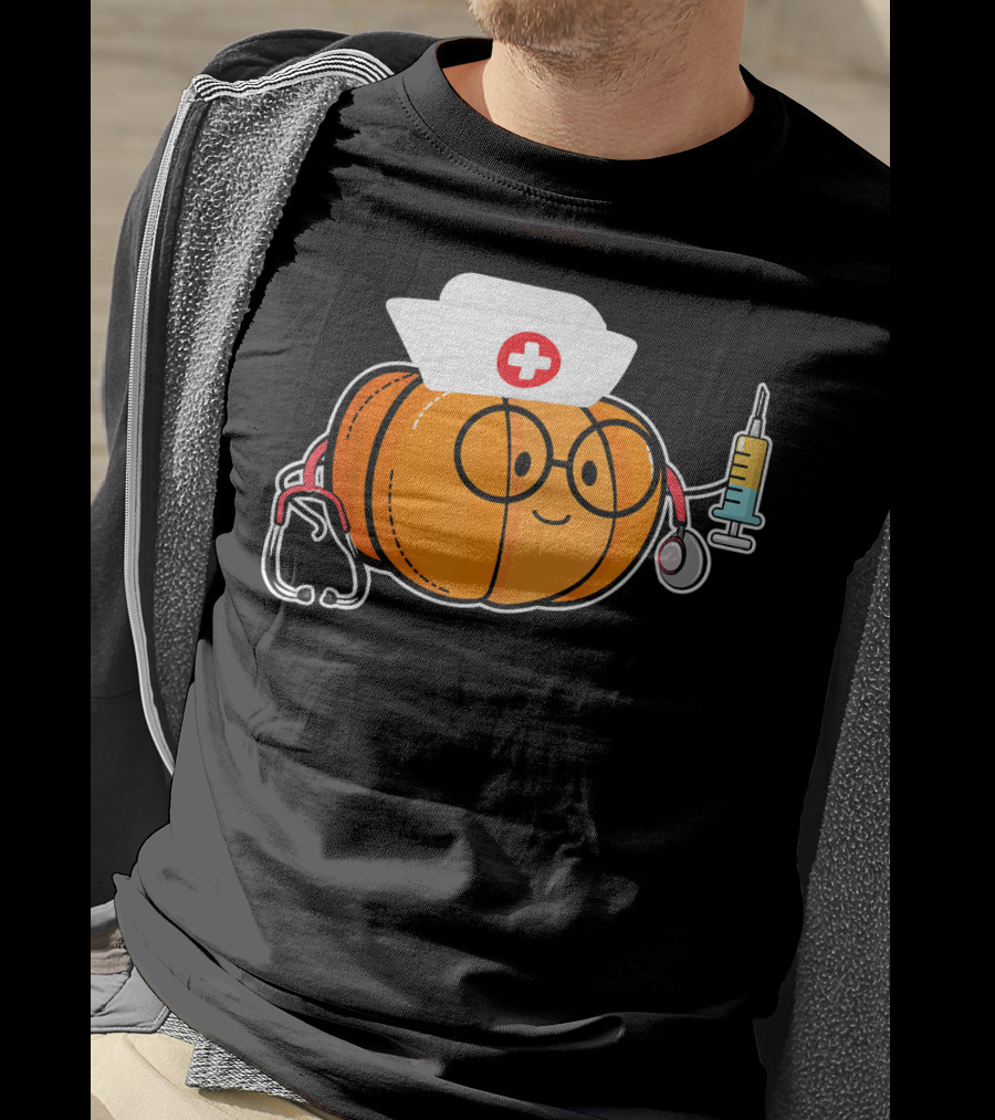 Nurse Halloween Pumpkin With Stethoscope And Syringe Smiling Face T-Shirt