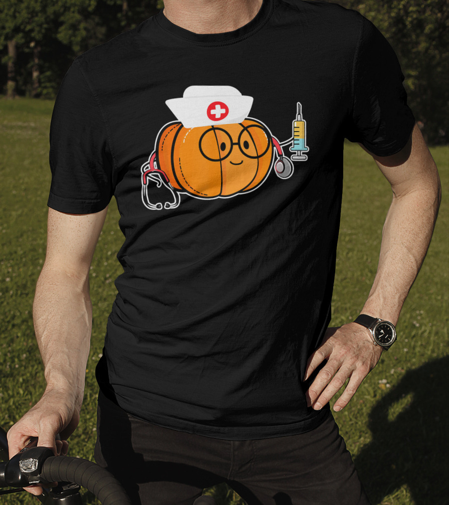 Nurse Halloween Pumpkin With Stethoscope And Syringe Smiling Face T-Shirt
