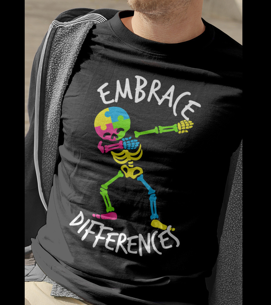 Embrace Differences Autism Awareness Colorful Skeleton Dabbing T-Shirt