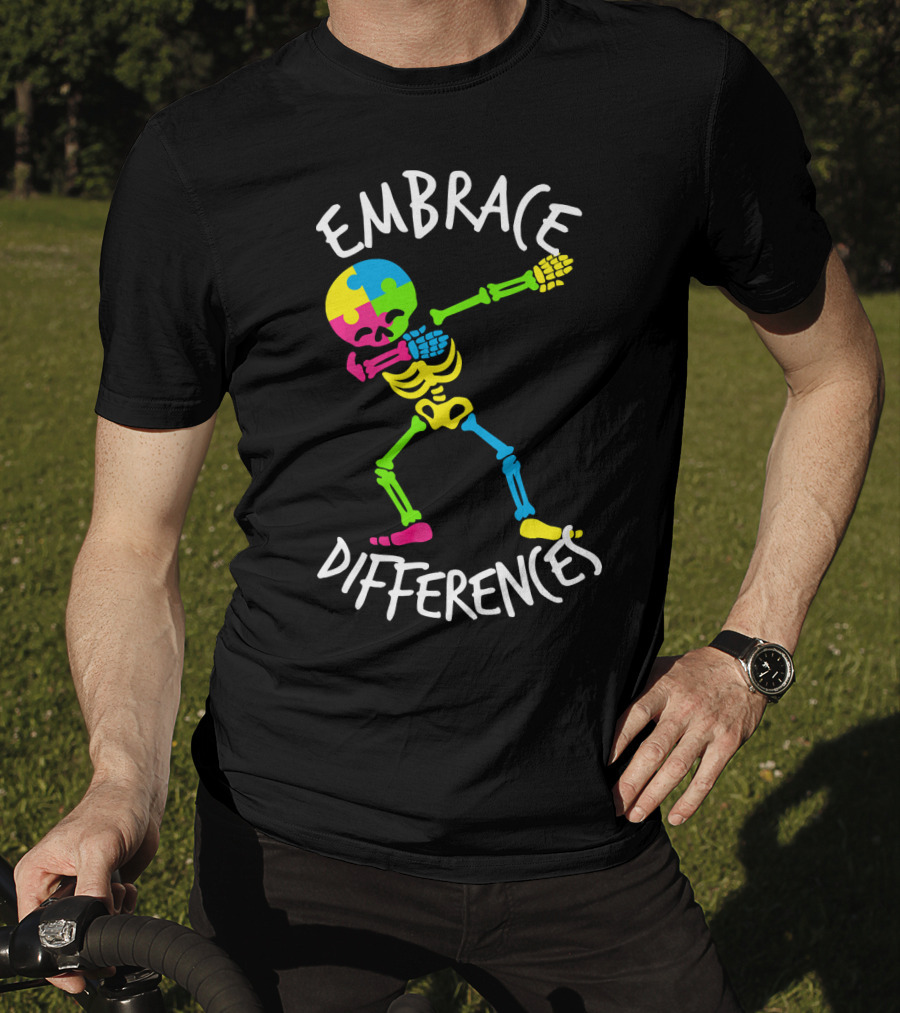 Embrace Differences Autism Awareness Colorful Skeleton Dabbing T-Shirt