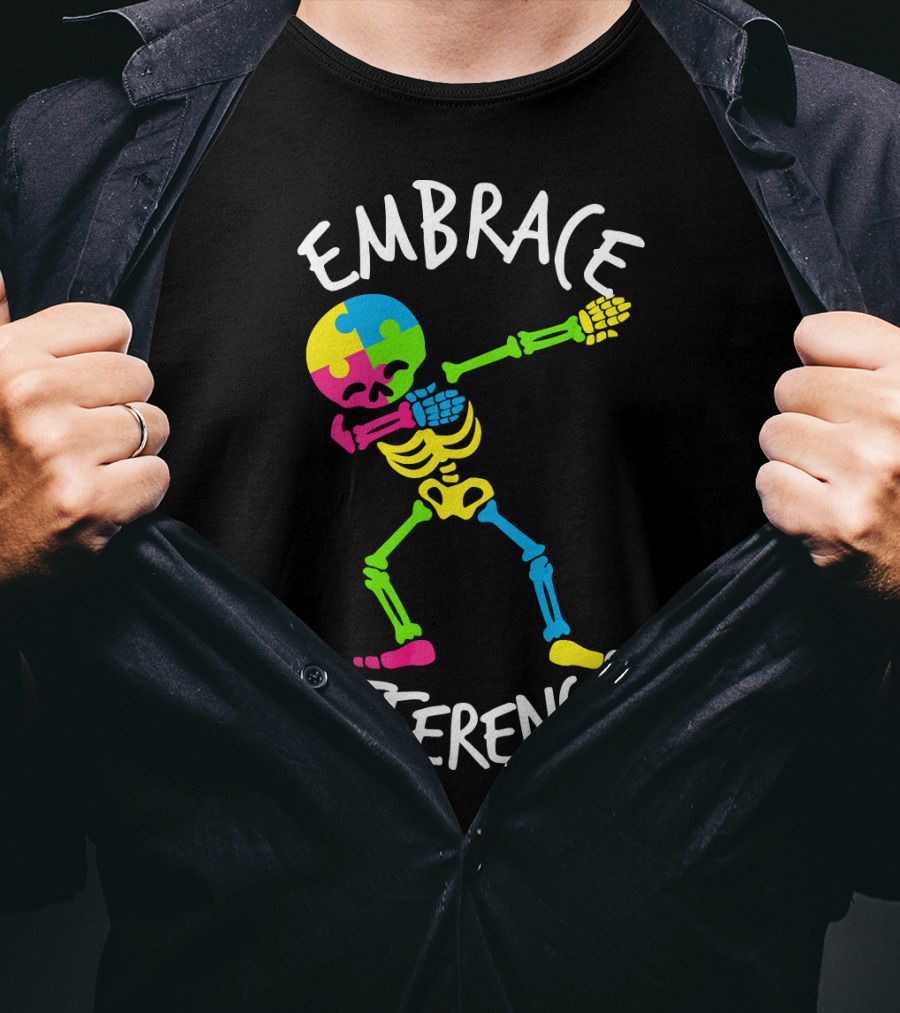 Embrace Differences Autism Awareness Colorful Skeleton Dabbing T-Shirt