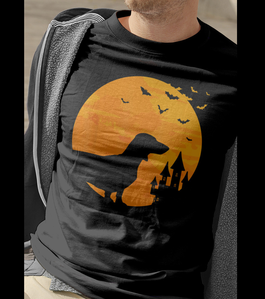 Dachshund Halloween Silhouette With Bats And Haunted Castle T-Shirt