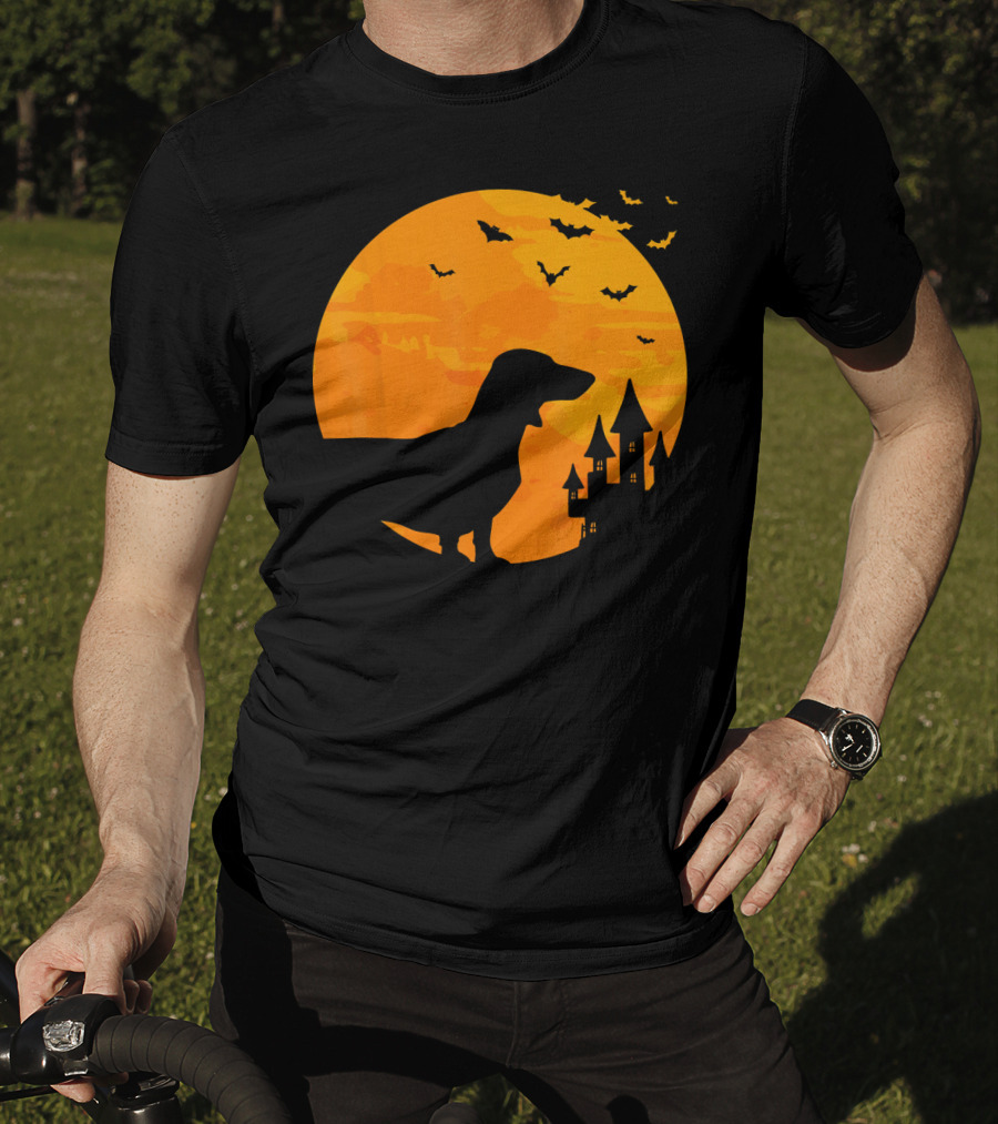 Dachshund Halloween Silhouette With Bats And Haunted Castle T-Shirt