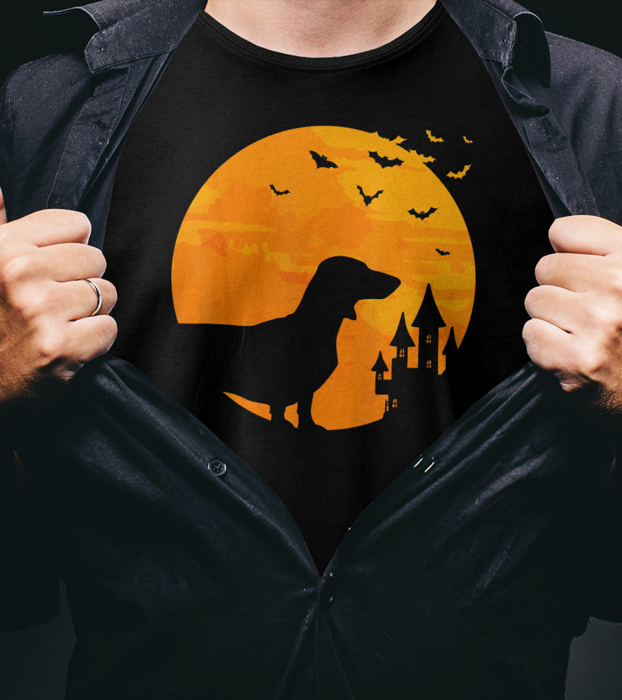 Dachshund Halloween Silhouette With Bats And Haunted Castle T-Shirt