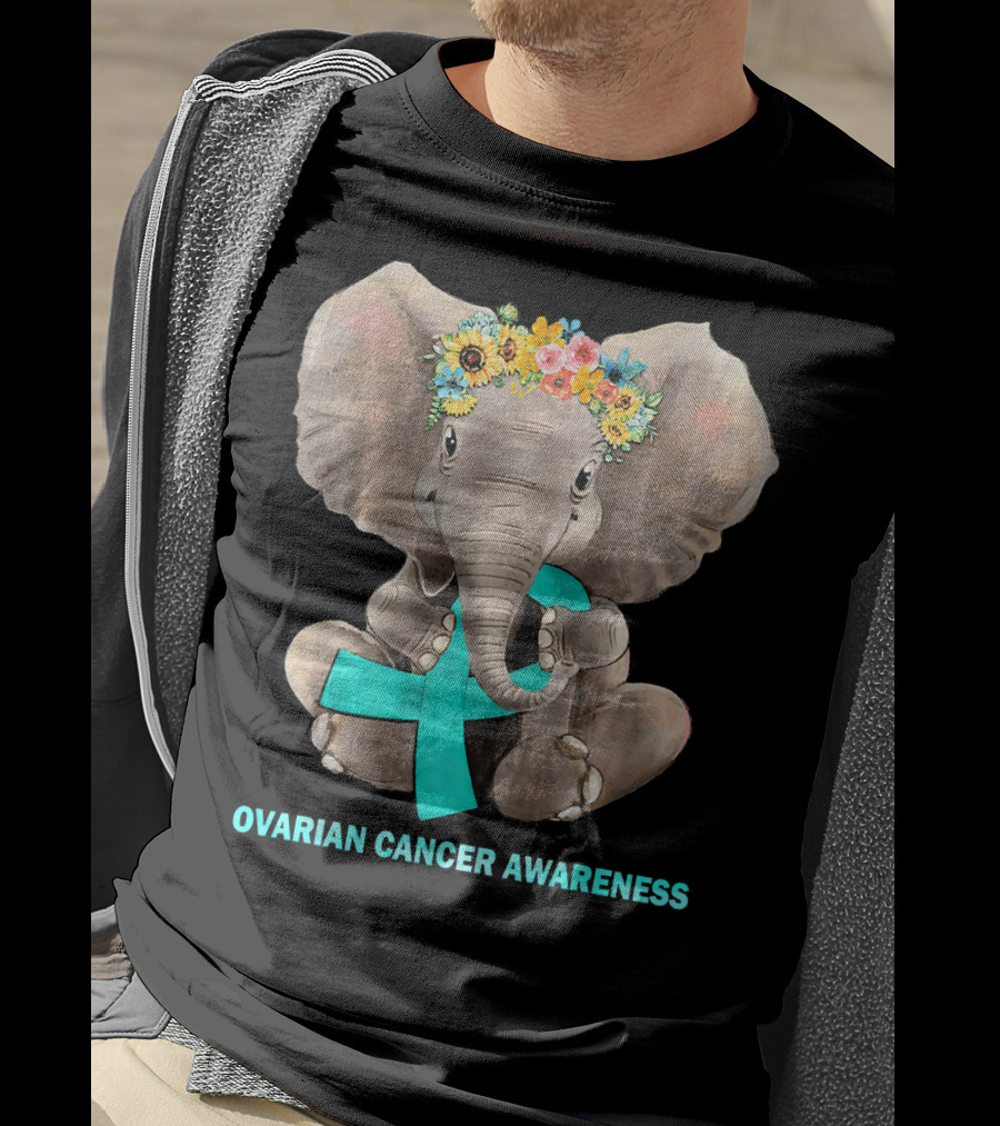 Hippie Elephant Holding Teal Ribbon Ovarian Cancer Awareness T-Shirt