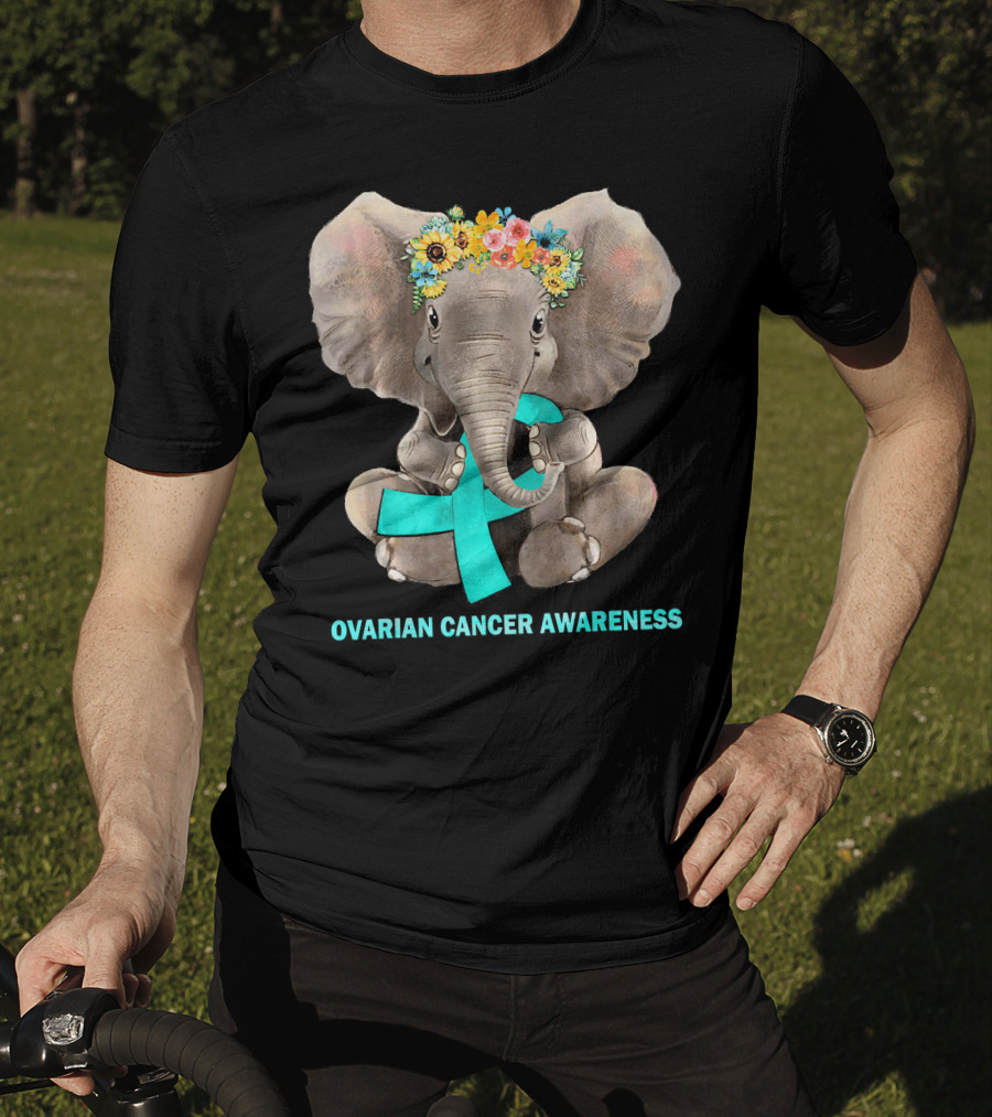Hippie Elephant Holding Teal Ribbon Ovarian Cancer Awareness T-Shirt
