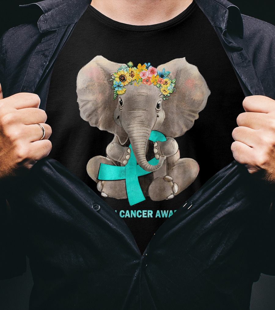 Hippie Elephant Holding Teal Ribbon Ovarian Cancer Awareness T-Shirt
