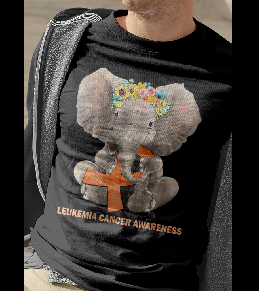 Hippie Elephant With Flower Crown Holding Orange Ribbon Leukemia Cancer Awareness T-Shirt