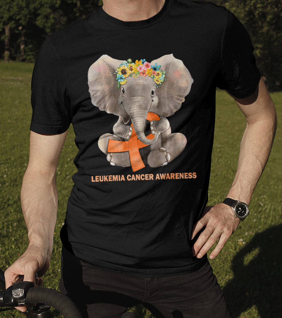 Hippie Elephant With Flower Crown Holding Orange Ribbon Leukemia Cancer Awareness T-Shirt