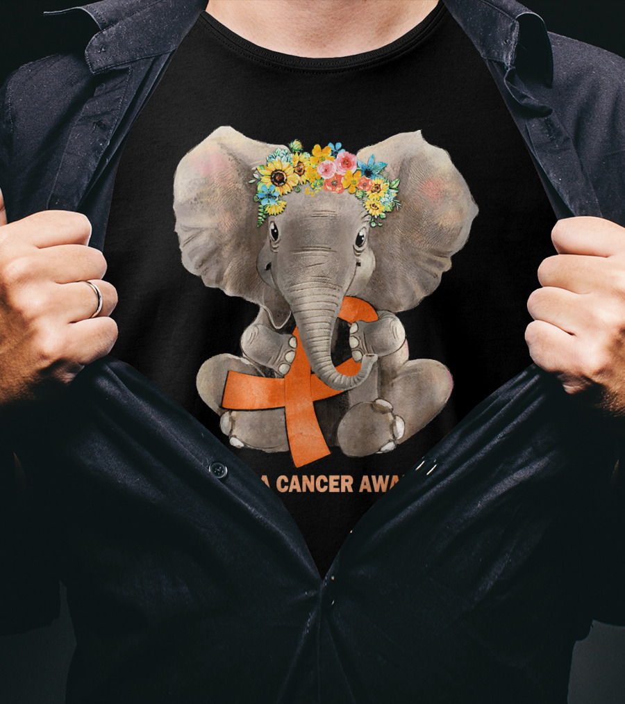 Hippie Elephant With Flower Crown Holding Orange Ribbon Leukemia Cancer Awareness T-Shirt