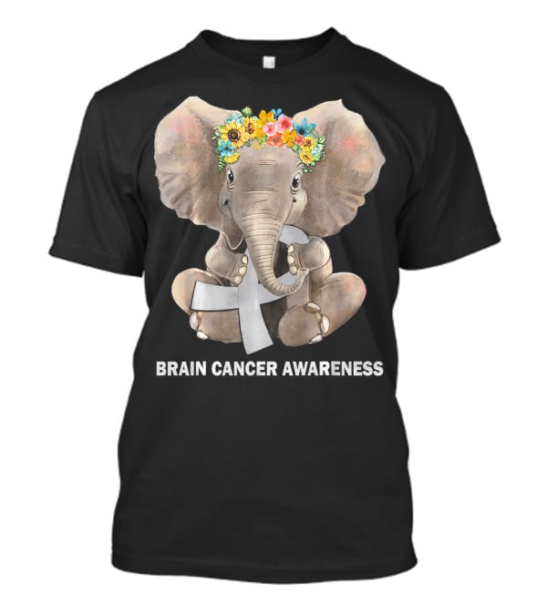 Hippie Elephant Holding Gray Ribbon Brain Cancer Awareness T-Shirt