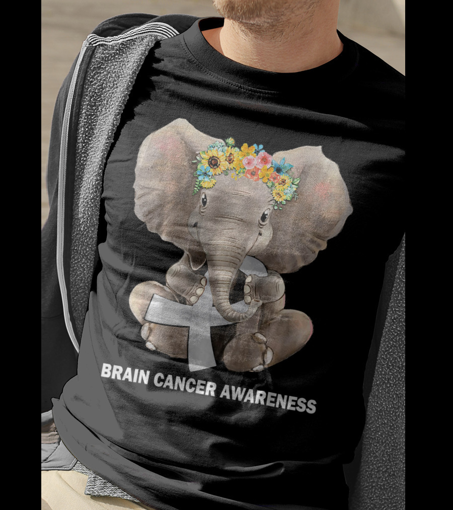 Hippie Elephant Holding Gray Ribbon Brain Cancer Awareness T-Shirt