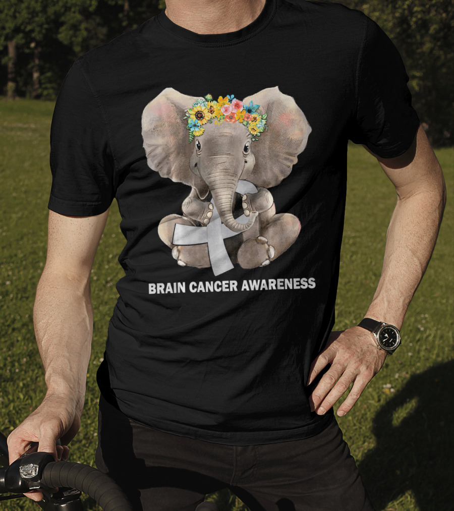 Hippie Elephant Holding Gray Ribbon Brain Cancer Awareness T-Shirt