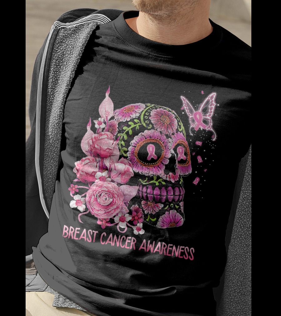 Skull Flower Breast Cancer Awareness Pink Ribbon Butterfly Roses T-Shirt