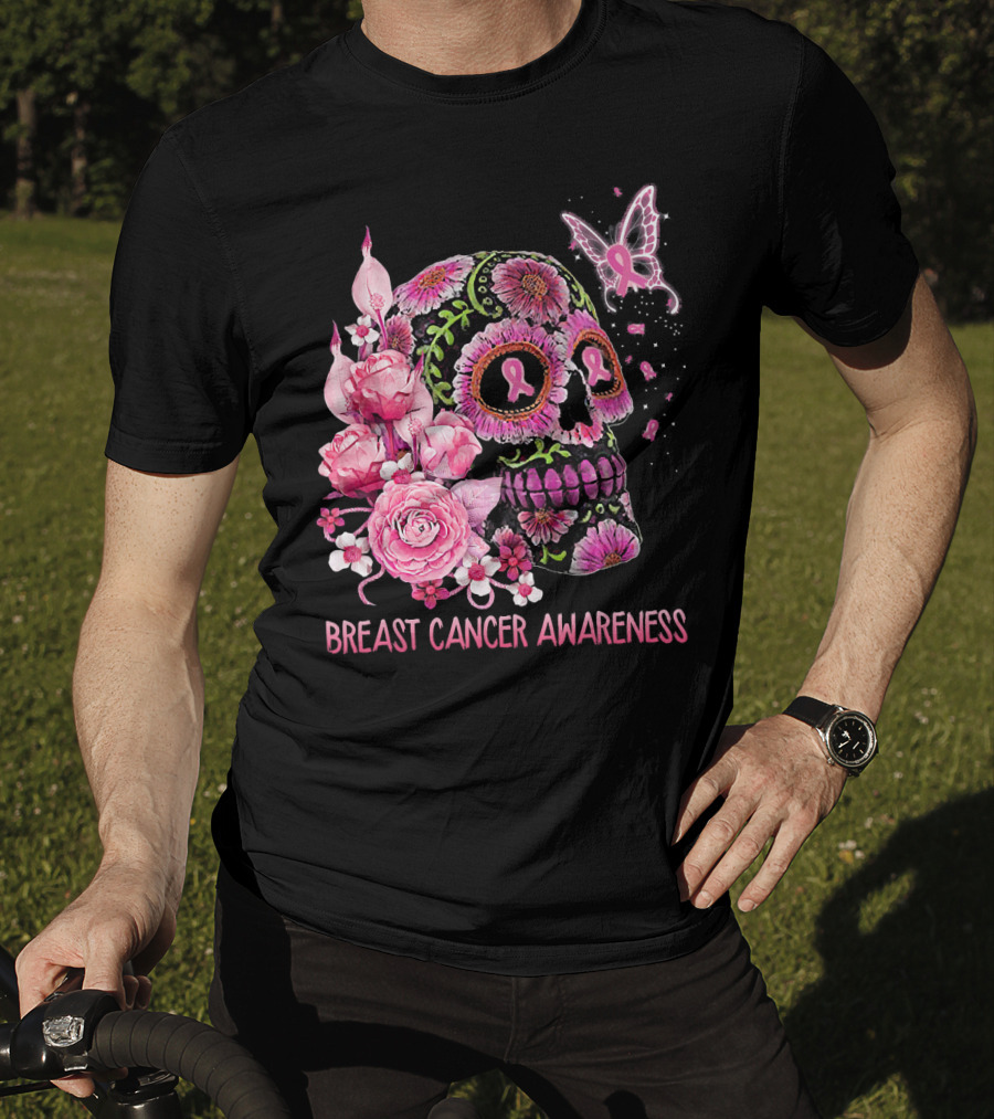 Skull Flower Breast Cancer Awareness Pink Ribbon Butterfly Roses T-Shirt