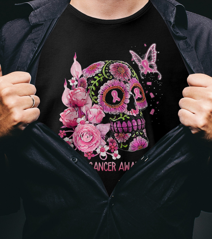 Skull Flower Breast Cancer Awareness Pink Ribbon Butterfly Roses T-Shirt