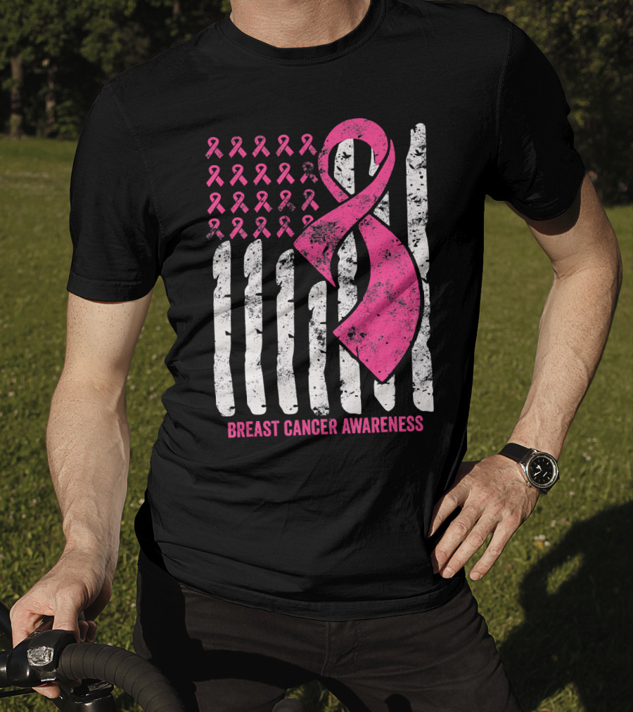 Breast Cancer Awareness Distress Pink Ribbon American Flag T-Shirt