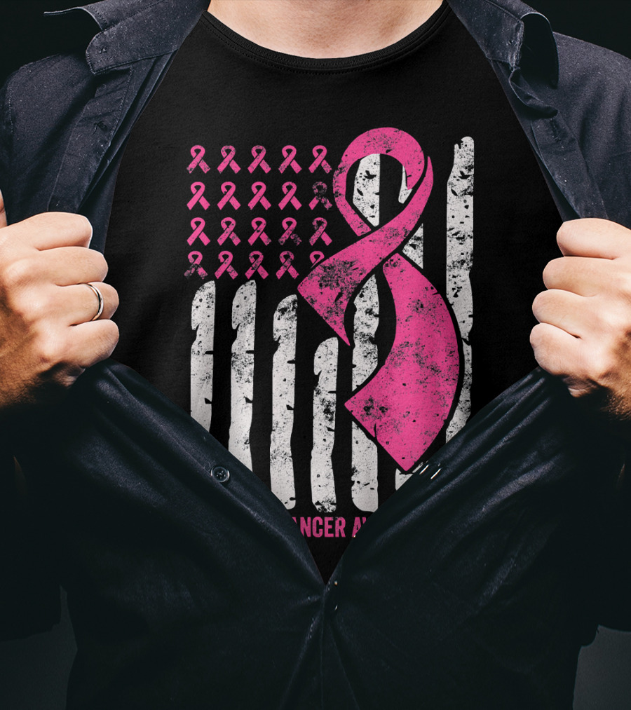 Breast Cancer Awareness Distress Pink Ribbon American Flag T-Shirt