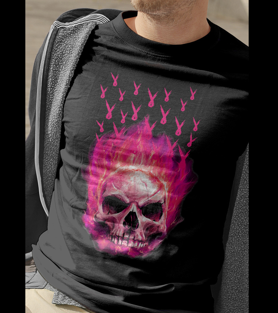 Halloween Skull Flaming Pink Ribbon Breast Cancer Awareness T-Shirt