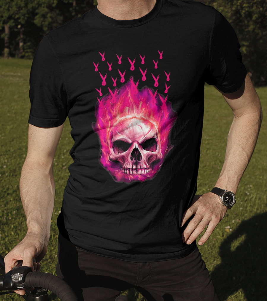 Halloween Skull Flaming Pink Ribbon Breast Cancer Awareness T-Shirt