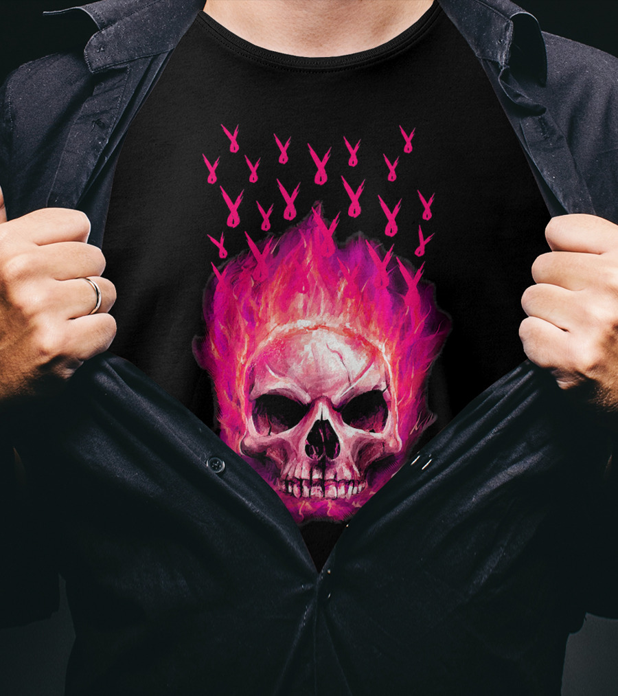 Halloween Skull Flaming Pink Ribbon Breast Cancer Awareness T-Shirt