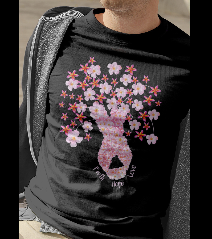 Faith Hope Love Breast Cancer Ribbon Floral Blossoms T-Shirt