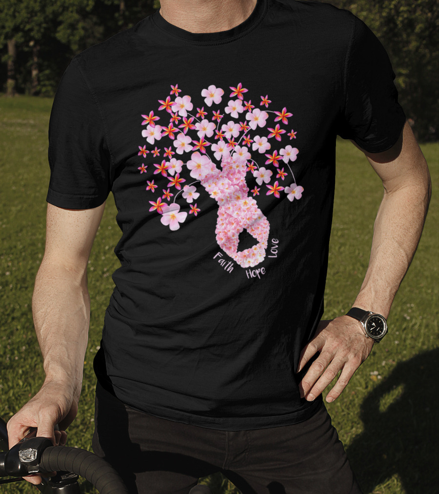 Faith Hope Love Breast Cancer Ribbon Floral Blossoms T-Shirt