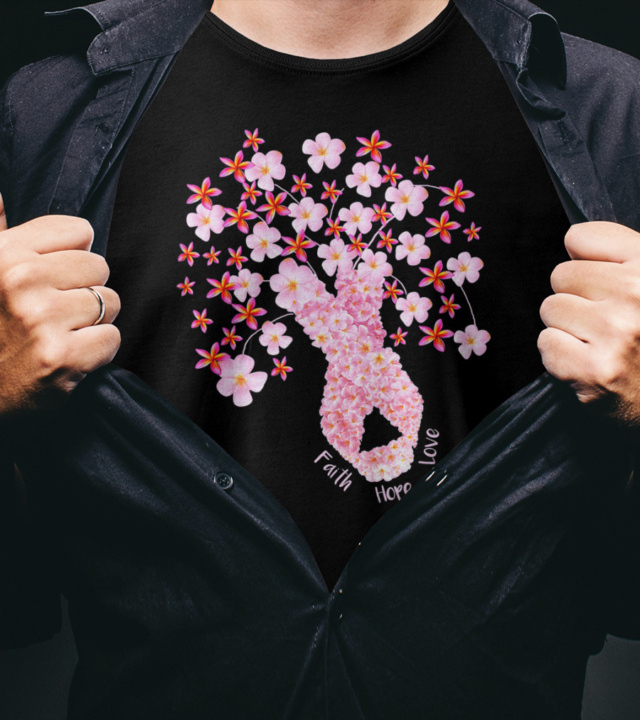 Faith Hope Love Breast Cancer Ribbon Floral Blossoms T-Shirt