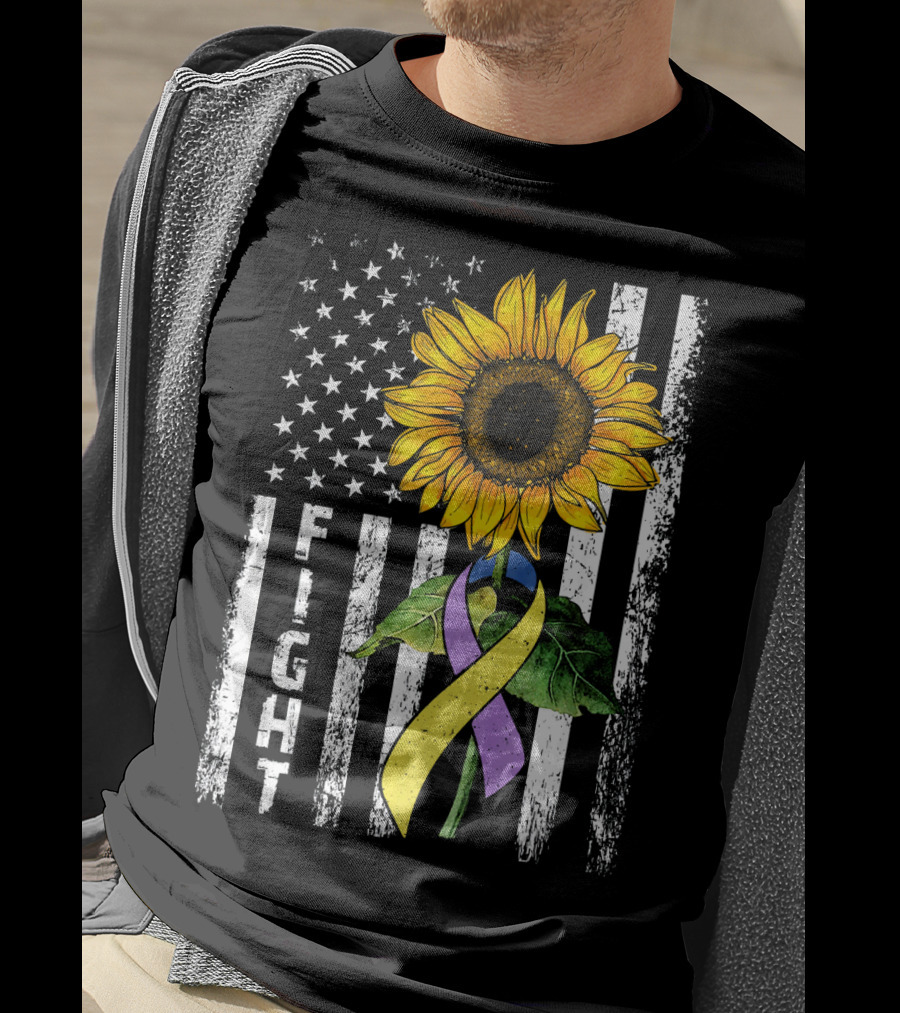 USA Flag Sunflower Fight Ribbon Bladder Cancer T-Shirt
